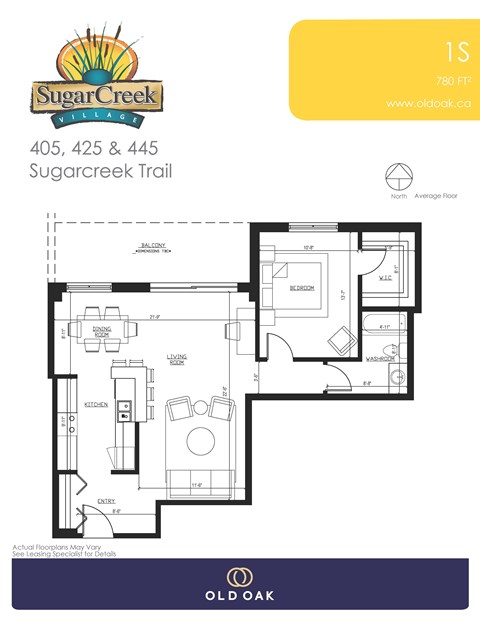 Floor plan for 1 bed, 1 bath, 780 sqft